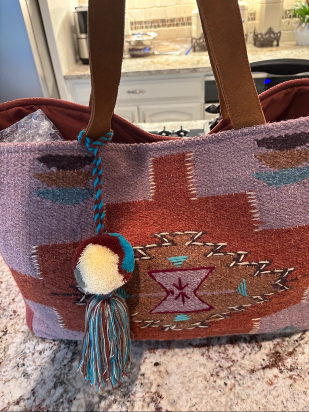 Boho Southwestern Red and Brown Woven Tote with huge fun tassel - Picture 2 of 5